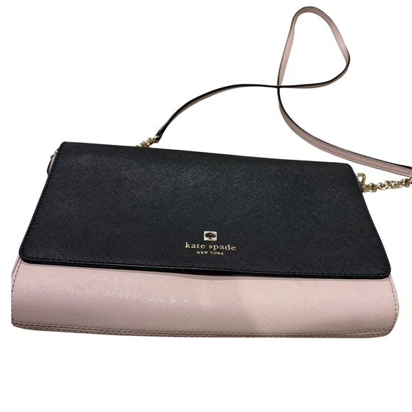 Kate Spade New York Leather Flap Crossbody Bag Black Pink Chain Strap - Picture 3 of 16